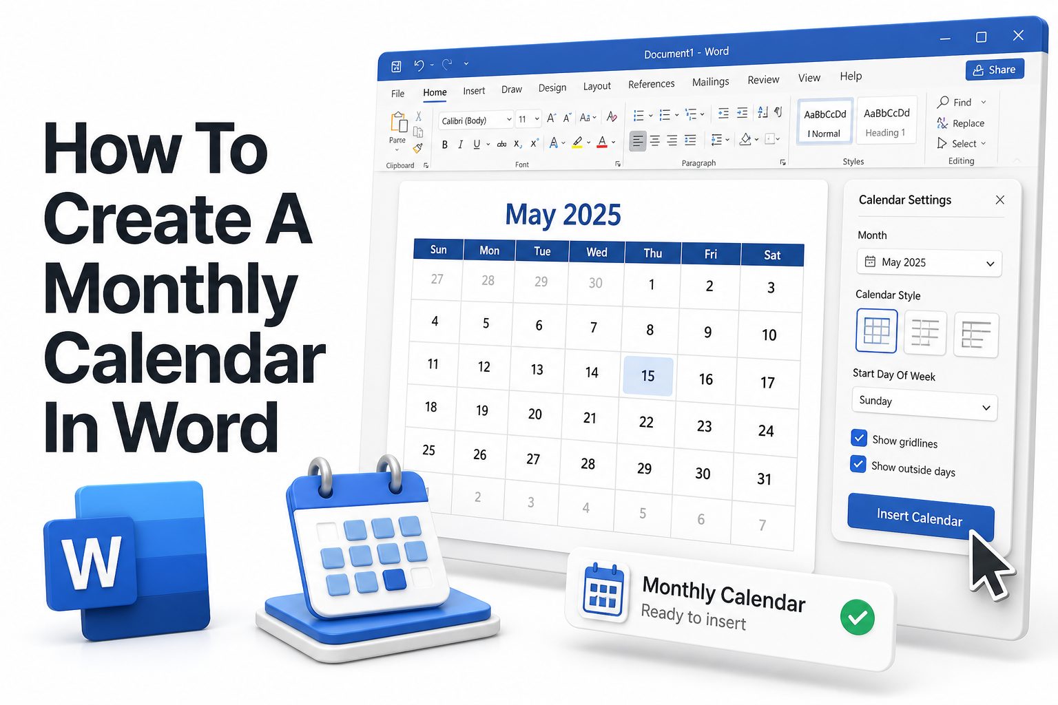Monthly calendar template being created in Microsoft Word