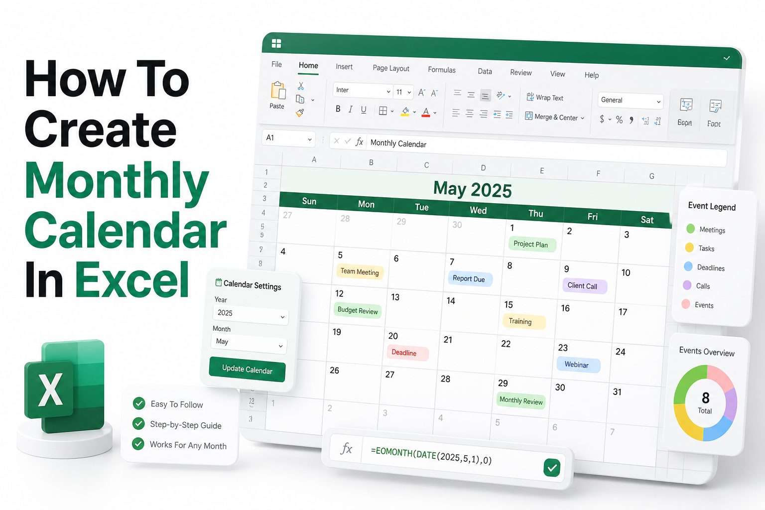 Monthly calendar template created in Microsoft Excel with dates arranged in a grid