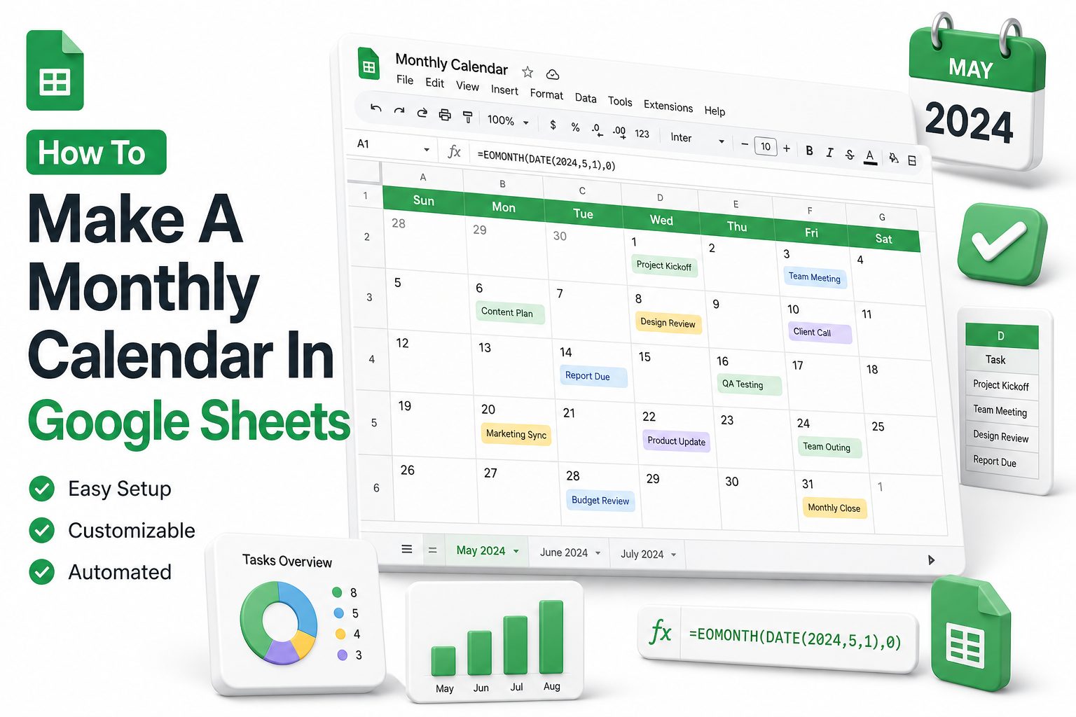 Monthly calendar template in Google Sheets with dates and events