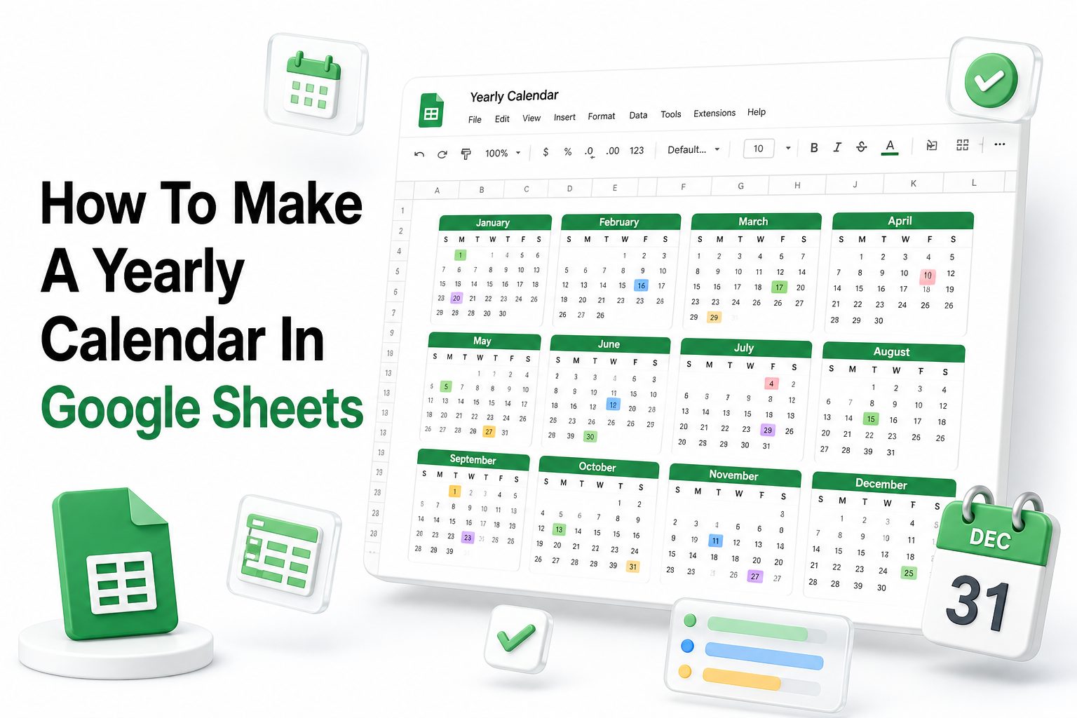 Yearly calendar template in Google Sheets with months arranged in a clean grid