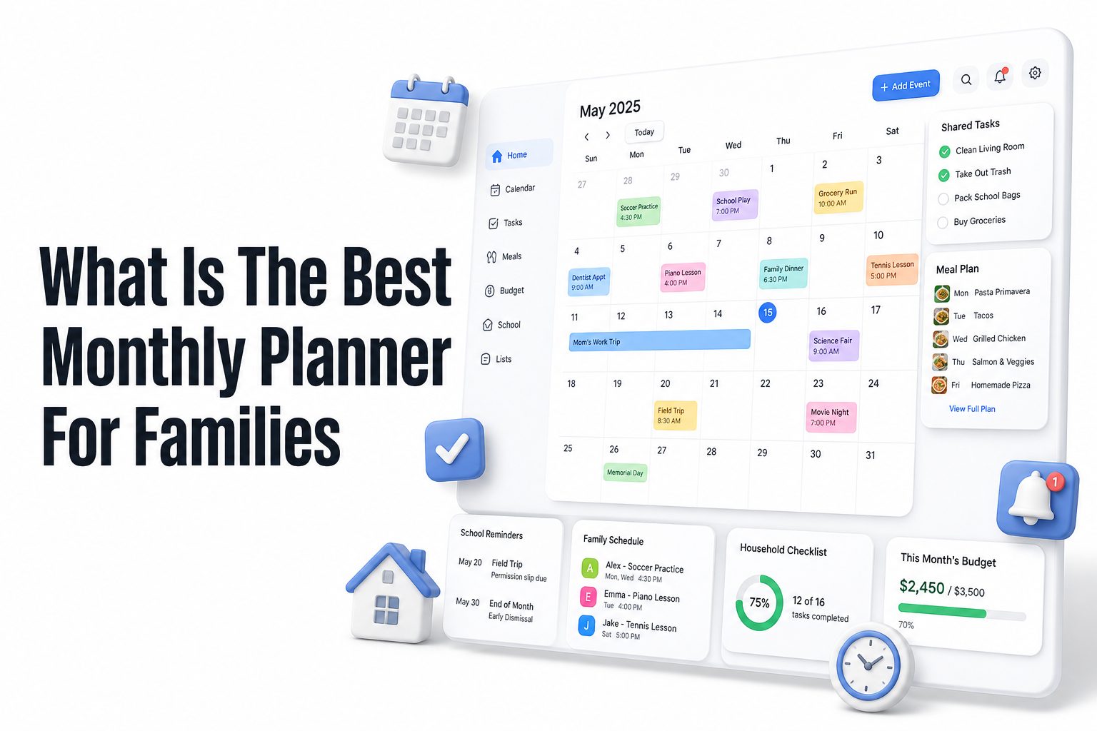Family monthly planner calendar on a kitchen counter with color-coded schedules